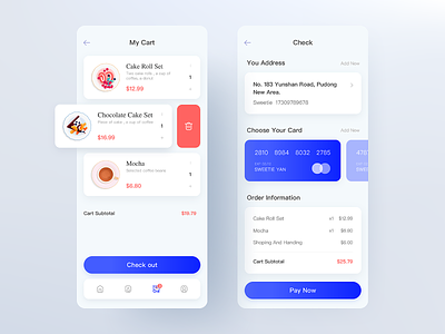 Breakfast app afternoon tea app blue ui card check page checkout clean ui design flat illustration ios ios12 my cart pink ui ui design ux vector