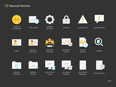 Configurations Icons - Dark - Navicat Monitor activations alert backup custom data datepicker directory export instance log house keeping metrics notifications privileges query repository scheduled report security server settings users