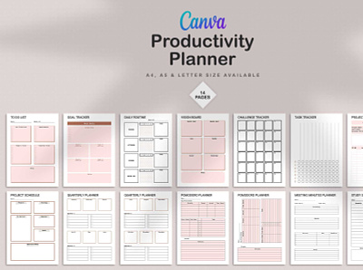 Canva Productivity Planner bullet journal canva canva planner challenge tracker creative daily daily routine digital planner goal tracker journal meeting minutes planner pomodoro planner project planner project schedule quarterly planer study session planner task tracker to do list vision board