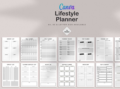 Canva Lifestyle Planner birthday planner brin dump bucket list canva canva planner cleaning supplies list contact list creative daily digital planner goal action plan grocery list meal planner monthly planner outfit planner packing list password tracker recipe log trip itinerary trip planner