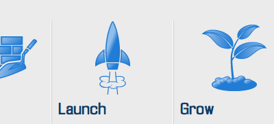 Build. Launch. Grow. blue corporate icons pixelbit