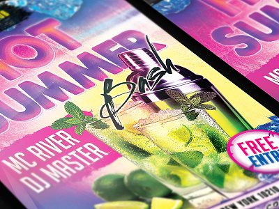 Hot Summer Bash Party Flyer bash drinks flyer ice mojito party pink psd summer sun winter yellow