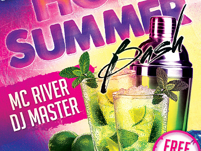 Hot Summer Bash Party Flyer bash drinks flyer ice mojito party pink psd summer sun winter yellow