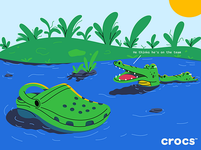 Crocs ("He Thinks He's On The Team") advertisement animation character character design crocodile crocs design dribbble hot illustration illustrator vector