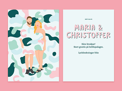 Maria & Christoffer blue card design illustration pink print wedding