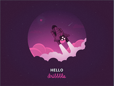 Hello Dribbble! clean clouds debut design illustration rocket shuttle softnauts space start