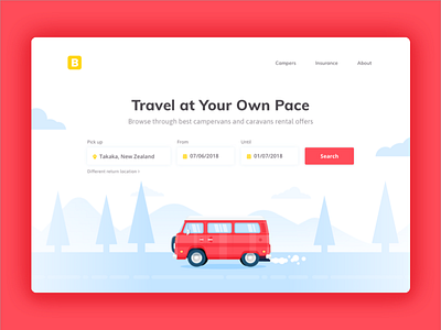 Browse camper rental offers bus car flat illustration interface landscape minimal rental search ui van web