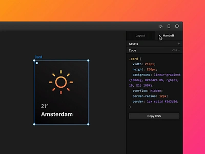 Framer X44: Handoff Tab animation code collaboration dark design framer framerx gradient handoff handover interaction ui