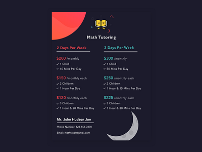 Pricing Table for Tutoring chart dark math night theme price list prices pricing pricing table retro table