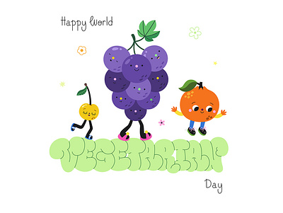 World Vegetarian Day greeting card with fruits 2d 2d apricot branding cartoon character cute flop food fruit funny graffiti graphic design illustration lettering organic print vector vegan vegetable vegetarian