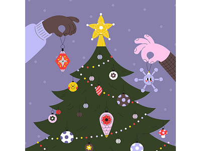 Hands decorates a Christmas tree 2d branding christmas tree decoration graphic design hands illos illustration snowflake ui vector vector art