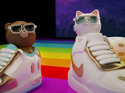 Wapi and Tiddy spacing out 3d cats cgi chill digitalart kawaii rainbow shoes sneakers space sports