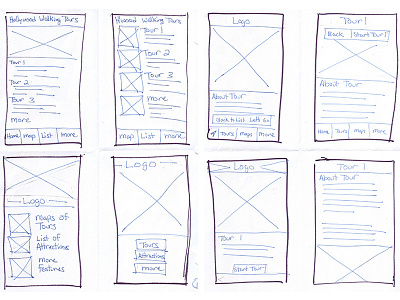 Sketches of mobile walking tour app design iteration mobile app sketches ui ux