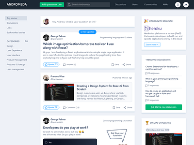 Andromeda | Developer Community answers blog clean community design developers discussions feed forum groups minimal questions ui ux
