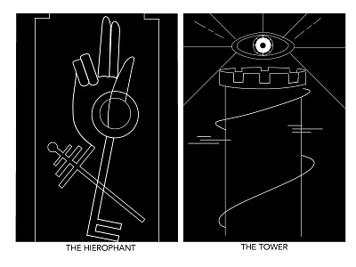 Tarot Cards - The Hierophant & The Tower and black cards hierophant line lines magic monoline tarot tower white