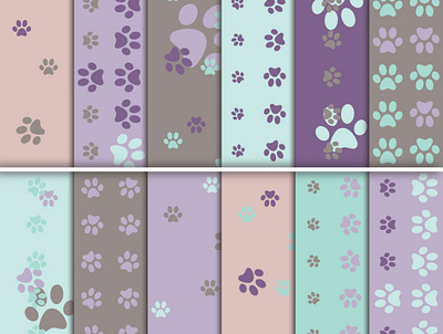 Purple, turquoise and gray paws seamless patterns
