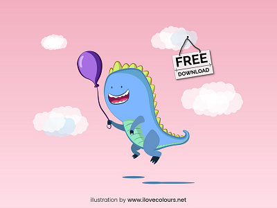 Dinosaur Flies With A Balloon Free - Vector Illustration 2d balloon clouds dinosaur fly free download freebie illustration sky ui ux vector illustration