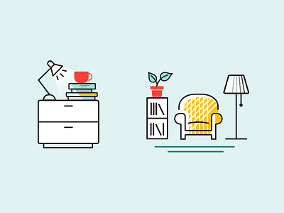 Illustrations for BookBub book shelves books colorful furniture illustrations interiors line icons nooks reading