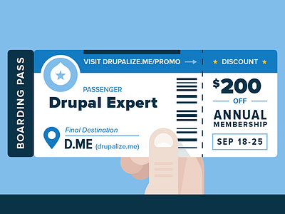 Drupalize.Me Boarding Pass boarding pass discount drupal flat hand illustration promotion ticket