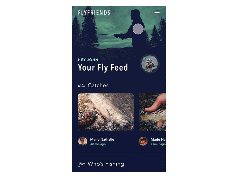 Social Fly Fishing animation app design fishing interaction motion ui ux xd