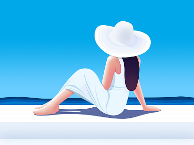 She quietly looked out into the boundless sea. beach blue girl icon illustration ocean summer sun