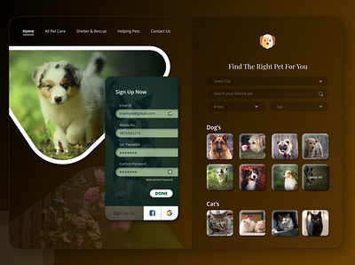 Landing Page to find Pet & Signup Screen daily ui challange dailyui dailyui 003 dribbble lovefordribbble ui ux ui 100