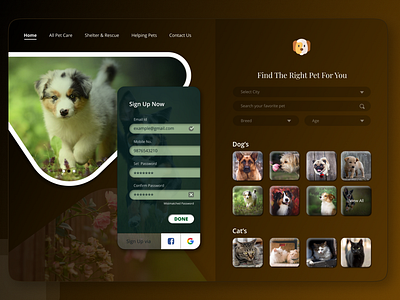 Landing Page to find Pet & Signup Screen