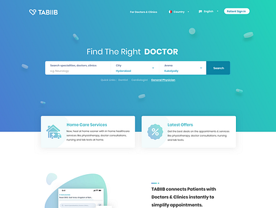 TABIIB Homepage appointment booking appointments branding dailyui design doctor doctors dribbble home home screen homepage homepage design homepagedesign illustration logo search tabiib tablets ui vector