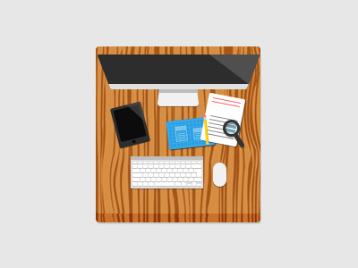 Workspace blueprint desktop flat illustration imac keyboard mouse pencil tablet texture wood