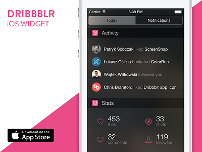 Dribbblr Widget for iOS activity app apple client dribbble ios ipad iphone profile shots stats widget