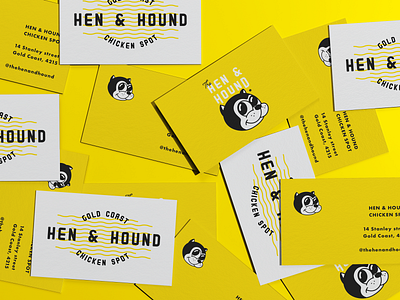 Hen & Hound branding business card character chicken logo rubber hose vibrant yellow