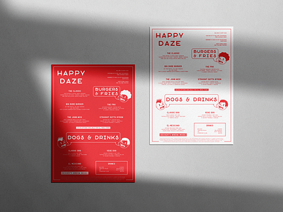Happy Daze branding burger cartoon character menu menu design red restaurant