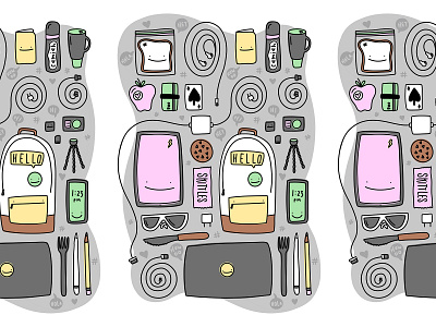 What's in Your Bag? backpack camiah coffee cookie fork hand drawn hand drawn heart illustration ipad sandwich