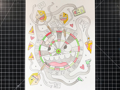 Dart Board Buddy bullseye camiah dart board darts hand drawn hand drawn heart illustration lettering pizza