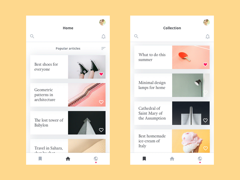 Screens app blog concept exploration flat material minimal mobile pastel story typography ui