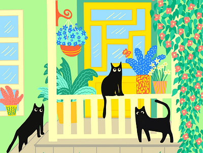 Spring kitties in a yard illustration vector