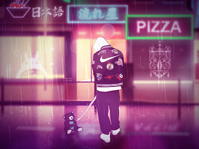 Gang bear color digital gang glow illustration japan logo pizza rain samurai teady