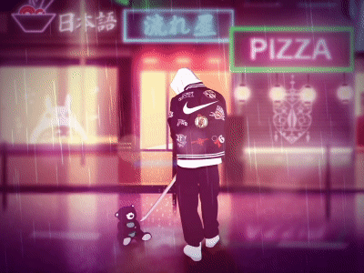 Gang anime bear digital gang gangstat glow japan logo pizza rain samurai teady