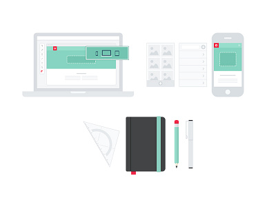 Oddshapes Services booklet branding flat illustration iphone laptop macbook pen pencil protractor web design wireframe