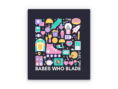Babes Who Blade Sticker babes colourful feminine flat icons illustrations jukebox print rollerblades sticker sunglasses tea