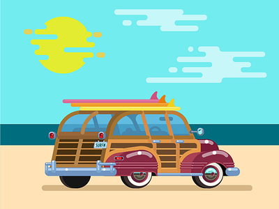 Car Surf beach design geometric illustration longboard summer surf woody