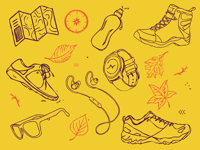 Trail Icons athlete autumn compass fall hike icons illustration illustrator map outdoors procreate run shoes sunglasses trail trail running waterbottle