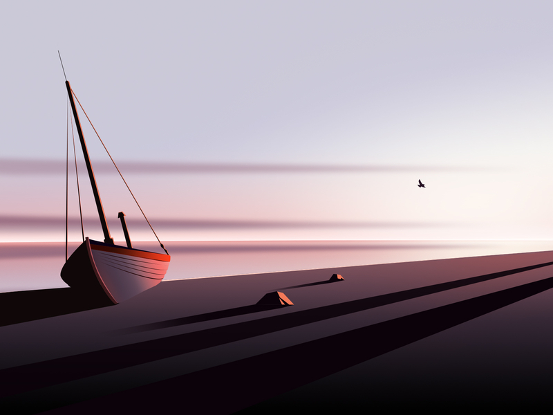 Seaside boat color illustration light sea sky sunset