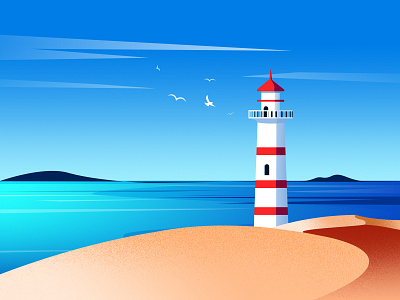 sea beach bird cloud color illustration lighthouse mountain sky water