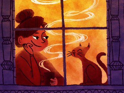 The Windowsill cat coffee digital illustration drawing warmth window winter