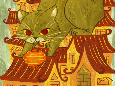 Cat on the Roof asian cat chinese chinese lantern digital illustration drawing japanese rooftops