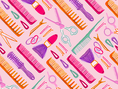 Hair Salon Pattern in Pink barber beauty gouache hair hair salon painting pattern design pink repeat pattern surface design surface pattern