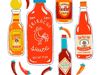 Hot Sauce & Chili Peppers art artwork digital art digital illustration digital painting food and beverage food art food artist food illustration hot sauce illo illustration pattern design procreate surface design