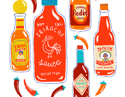 Hot Sauce & Chili Peppers art artwork digital art digital illustration digital painting food and beverage food art food artist food illustration hot sauce illo illustration pattern design procreate surface design