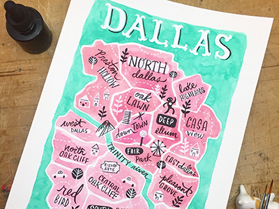 Dallas Neighborhood Map city illustration city map dallas hand lettering illustrated map illustration lettering map painting texas watercolor